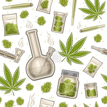 Illustration for Vector Cannabis Seamless Pattern, repeat background with illustrations of set flat lay medicinal cannabis grass powder in plastic bag, weed paper roll, cannabis hookah with water on white background - Royalty Free Image