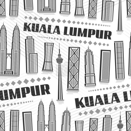 Illustration for Vector Kuala Lumpur Seamless Pattern, repeating background with illustration of asian city scape on white background for wrapping paper, monochrome line art urban poster with black text kuala lumpur - Royalty Free Image