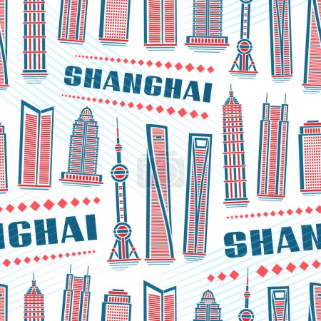 Téléchargez les illustrations : Motif vectoriel Shanghai sans couture, répétant le fond avec l'illustration du paysage de ville asiatique shanghai sur fond blanc pour le papier d'emballage, affiche urbaine d'art de ligne décorative avec le texte bleu shanghai - en licence libre de droit