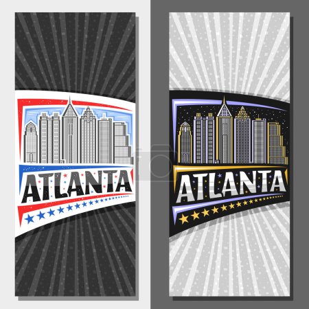 Illustration for Vector vertical templates for Atlanta, decorative layout with line illustration of urban atlanta city scape on day and dusk sky background, art design tourist card with unique letters for word atlanta - Royalty Free Image