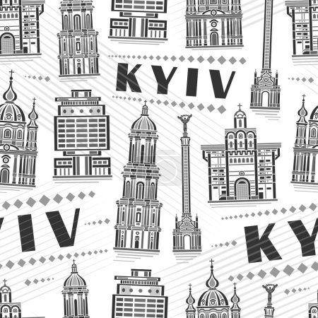 Téléchargez les illustrations : Vector Kyiv Seamless Pattern, motif carré répétitif avec illustration du célèbre paysage européen de la ville de Kiev sur fond blanc pour le linge de lit, affiche urbaine monochrome art en ligne avec texte noir kyiv - en licence libre de droit