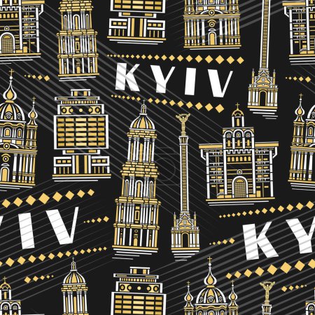 Téléchargez les illustrations : Vector Kyiv Motif sans couture, carré répétant fond avec illustration de paysage célèbre ville européenne kyiv sur fond sombre pour le linge de lit, affiche urbaine d'art en ligne décorative avec texte blanc kyiv - en licence libre de droit