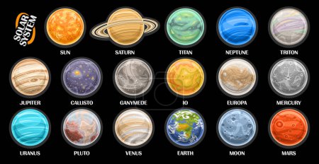 Vector Planet Set, lot collection of cut out illustrations solar system planets and cartoon satellites, set of different round celestial bodies surface with planet names text on black background