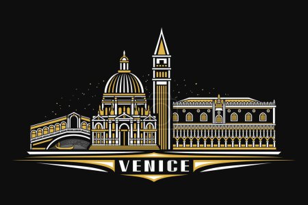 Illustration for Vector illustration of Venice, black horizontal card with linear design famous venice city scape on dusk sky background, historical urban line art concept with decorative letters for white text venice - Royalty Free Image