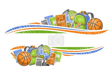 Illustration for Vector border for School with empty copy space for ad text, decorative layout with illustration of various school textbooks and compass dividers, group of different school supplies on white background - Royalty Free Image