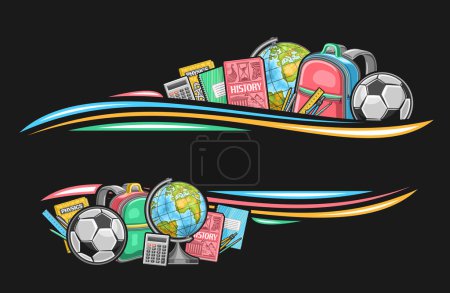 Illustration for Vector border for School with blank copy space for ad text, decorative coupon with illustration of different school textbooks and paint brush, group of colorful school accessories on dark background - Royalty Free Image