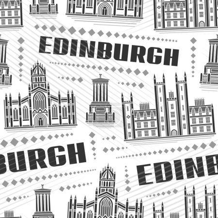 Téléchargez les illustrations : Vector Edinburgh Seamless Pattern, fond répétitif avec illustration du paysage historique européen d'Edinburgh sur fond blanc, affiche urbaine monochrome avec texte noir edinburgh - en licence libre de droit