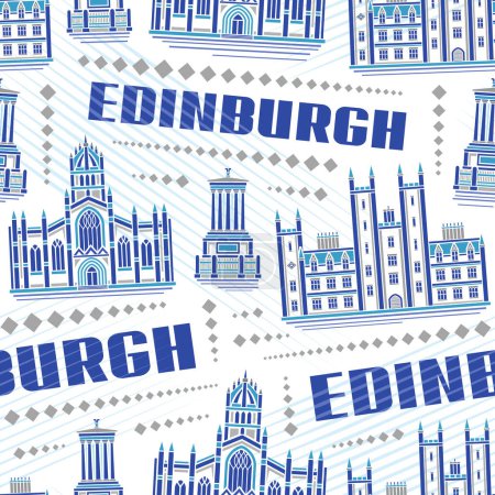Téléchargez les illustrations : Vector Edinburgh Seamless Pattern, répétez l'arrière-plan avec l'illustration du célèbre paysage européen d'Edinburgh sur fond blanc pour le linge de lit, affiche urbaine d'art en ligne décorative avec texte edinburgh - en licence libre de droit