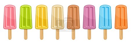 Conjunto de vectores de paleta de fruta, colección de lote de ocho ilustraciones recortadas helados de fruta dulce, pancarta con surtidos de paletas afrutadas de colores para niños con palo de madera en una fila sobre fondo blanco