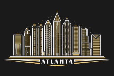 Illustration for Vector illustration of Atlanta, dark horizontal poster with linear design famous atlanta city scape on dusk sky background, american urban line art concept with decorative lettering for text atlanta - Royalty Free Image