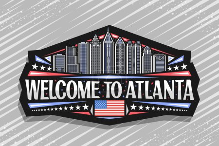 Illustration for Vector logo for Atlanta, black decorative sign with line illustration of famous contemporary atlanta city scape on dusk sky background, art design refrigerator magnet with words welcome to atlanta - Royalty Free Image