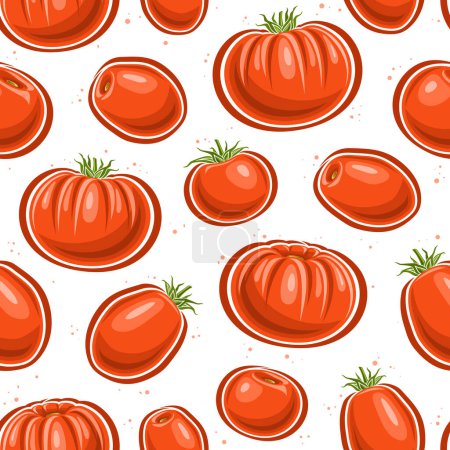 Illustration for Vector Tomato Seamless Pattern, repeat background with variety cut out ripe farming tomatoes for bed linen, decorative square poster with group of flat lay whole juicy tomato fruits for home interior - Royalty Free Image