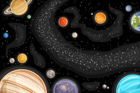 Vector Fantasy Space Chart, affiche astronomique horizontale avec illustration de diverses planètes colorées et ceinture d'astéroïdes dans l'espace profond, impression cosmique décorative avec fond étoilé noir