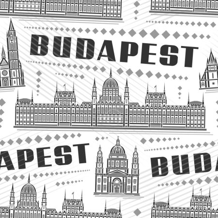 Ilustración de Vector Budapest Seamless Pattern, cuadrado que repite el fondo con la ilustración de la famosa ciudad europea budapest paisaje sobre fondo blanco, línea monocromática arte cartel urbano con texto negro budapest - Imagen libre de derechos