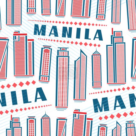 Illustration for Vector Manila Seamless Pattern, repeating background with illustration of red famous manila city scape on white background for wrapping paper, decorative line art urban poster with blue text manila - Royalty Free Image