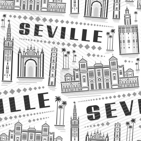 Illustration for Vector Seville Seamless Pattern, repeating background with outline illustration of famous european seville city scape on white background, grey monochrome line art urban poster with black text seville - Royalty Free Image