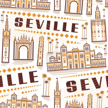 Illustration for Vector Seville Seamless Pattern, square repeat background with illustration of famous european seville city scape on white background, decorative line urban historical poster with brown text seville - Royalty Free Image