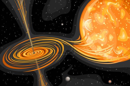 Téléchargez les illustrations : Illustration vectorielle de Black Hole, affiche horizontale futuriste avec trou noir tourbillonnant absorbant supermassive étoile chaude orange dans l'espace profond, impression cosmo décorative avec fond noir étoilé - en licence libre de droit
