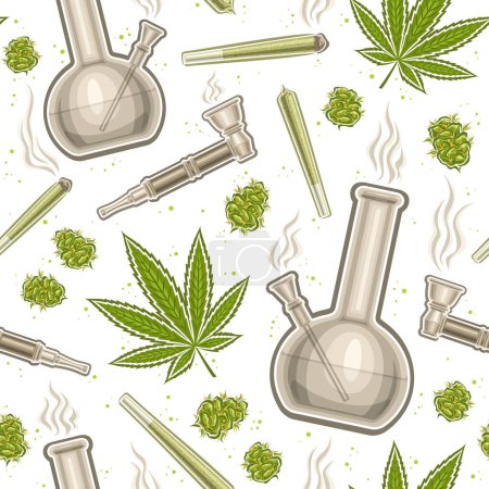 Illustration for Vector Cannabis Seamless Pattern, repeat background with illustrations of set flat lay medicinal cannabis buds, marijuana leaf, weed paper roll, glass cannabis hookah with water on white background - Royalty Free Image