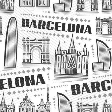 Illustration for Vector Barcelona Seamless Pattern, square repeating background with illustration of famous european barcelona city scape on white background, monochrome line art urban poster with black text barcelona - Royalty Free Image