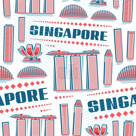 Téléchargez les illustrations : Vector Singapore Seamless Pattern, fond répété avec illustration du célèbre paysage de ville singapore sur fond blanc pour papier d'emballage, affiche urbaine d'art de ligne décorative avec texte bleu singapore - en licence libre de droit