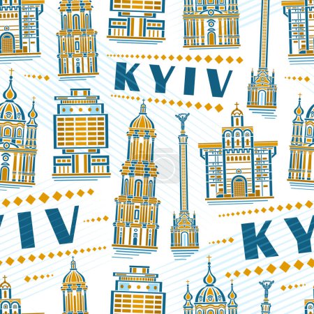 Téléchargez les illustrations : Vecteur Kyiv motif sans couture, carré répétant fond avec illustration de paysage célèbre ville européenne kyiv sur fond blanc pour papier d'emballage, affiche urbaine d'art en ligne décorative avec texte kyiv - en licence libre de droit