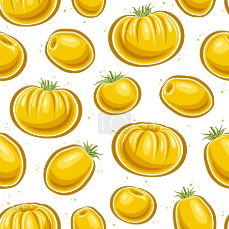 Illustration for Vector Yellow Tomato seamless pattern, repeat background with various cut out ripe farming tomatoes for bed linen, decorative square poster with group of flat lay whole tomato fruits for home interior - Royalty Free Image