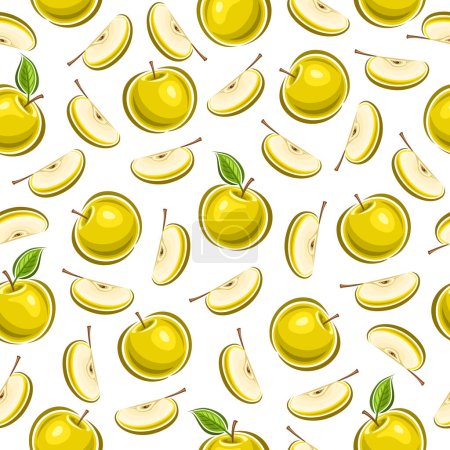 Ilustración de Patrón inconsútil de manzana amarilla vectorial, fondo cuadrado repetido con ilustraciones cortadas de manzanas doradas jugosas con hojas verdes para papel de envolver, colección de frutas de manzana amarillas planas voladoras - Imagen libre de derechos
