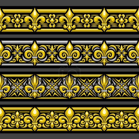 Vector Fleur de Lis Ornament, seamless borders with illustration of silver and yellow fleur de lis patterns, horizontal repeating border with ornate geometric ornament on dark background for divider