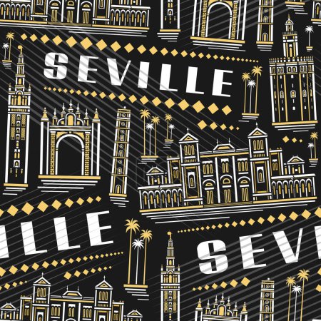 Illustration for Vector Seville Seamless Pattern, square repeat background with illustration of famous european seville city scape on dark background for bed linen, decorative line art urban poster with text seville - Royalty Free Image