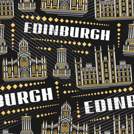Téléchargez les illustrations : Vector Edinburgh Seamless Pattern, répétez l'arrière-plan avec l'illustration du célèbre paysage historique de la ville d'Edinburgh sur fond sombre pour le linge de lit, affiche urbaine d'art en ligne décorative avec texte edinburgh - en licence libre de droit