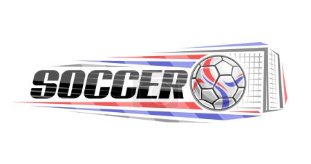 Illustration for Vector logo for Soccer, decorative horizontal banner with outline illustration of red and blue soccer ball, flying on trajectory in goal on white background and unique brush lettering for text soccer - Royalty Free Image