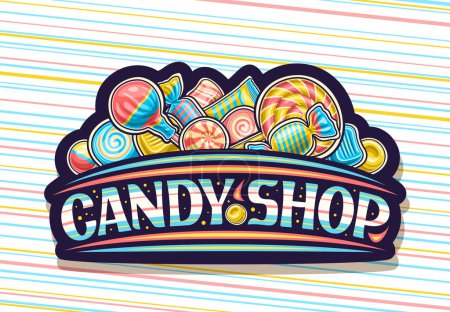 Logo vectoriel pour Candy Shop, panneau d'affichage décoratif sombre avec design de dessin animé bonbons colorés et sucettes composition nature morte et lettrage unique brosse pour bonbons texte bleu boutique sur fond rayé