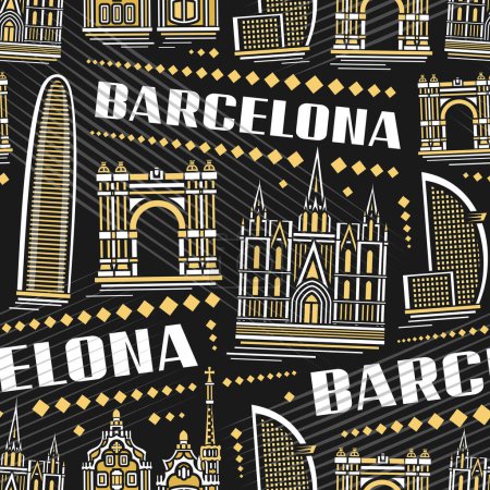 Illustration for Vector Barcelona Seamless Pattern, square repeating background with illustration of famous european barcelona city scape on dark background, decorative line art urban poster with white text barcelona - Royalty Free Image