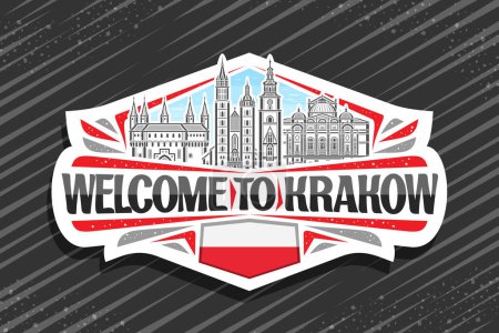 Ilustración de Logotipo vectorial para Cracovia, letrero decorativo blanco con ilustración en línea del paisaje histórico europeo de la ciudad de Krakow en el fondo del cielo del día, imán del refrigerador del diseño del arte con palabras negras Bienvenido a Krakow - Imagen libre de derechos
