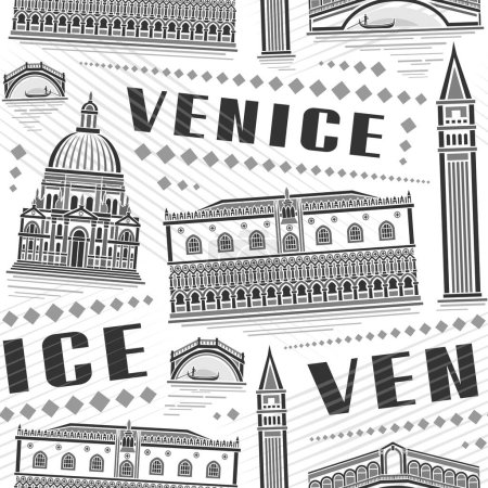 Illustration for Vector Venice Seamless Pattern, square repeating background with illustration of famous european venice city scape on white background, grey monochrome line art urban poster with black text venice - Royalty Free Image