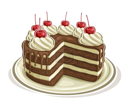 Vektor-Illustration von Schokoladenkuchen, quadratisches Poster mit Cartoon-Design geschichteter Schokoladenkuchen auf Teller, dekorierte Maraschino-Beere in gedrehter Sahne, Hochzeitstorte, isoliert auf weißem Hintergrund