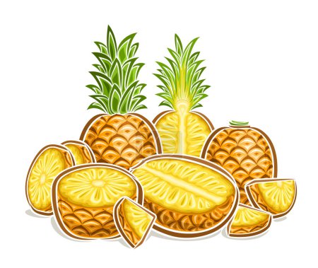 Téléchargez les illustrations : Logo vectoriel pour ananas, affiche horizontale décorative avec illustration de contour de la composition d'ananas juteux, dessin animé imprimé fruité avec de nombreuses pièces d'ananas hachées crues sur fond blanc - en licence libre de droit