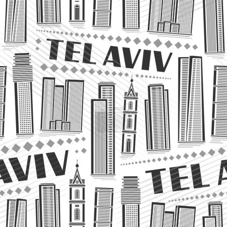Téléchargez les illustrations : Vector Tel Aviv Seamless Pattern, fond carré de répétition avec illustration du célèbre paysage de la ville juive sur fond blanc, affiche urbaine monochrome art en ligne avec texte noir tel aviv pour décor à la maison - en licence libre de droit