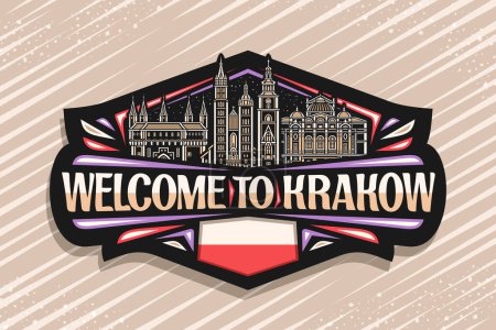 Ilustración de Logotipo vectorial para Cracovia, etiqueta decorativa oscura con ilustración en línea del paisaje histórico europeo de la ciudad de Krakow sobre el fondo del cielo nocturno, imán del refrigerador del diseño del arte con palabras Bienvenido a Krakow - Imagen libre de derechos