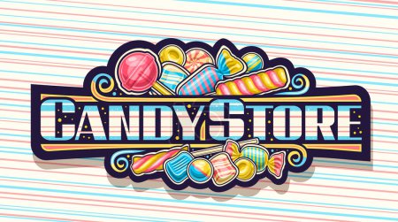 Vector logo for Candy Store, dark decorative sign board with cartoon design vibrant colorful candy composition, horizontal sticker with wrapping kids sweets and text candy store on striped background