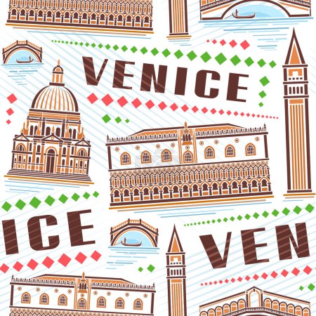 Illustration for Vector Venice Seamless Pattern, square repeat background with outline illustration of famous venice city scape on white background, decorative line art urban historical poster with brown word venice - Royalty Free Image