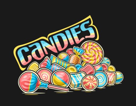 Illustration for Vector Pile of Candies, outline illustration of colorful candy still life composition, sweet print with group of circle pink lolipops, wrapping bubblegums in blue striped foil package and text candies - Royalty Free Image