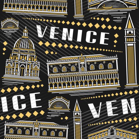 Illustration for Vector Venice Seamless Pattern, square repeating background with illustration of famous european venice city scape on dark background for bed linen, decorative line art urban poster with text venice - Royalty Free Image