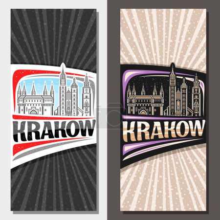 Ilustración de Diseños verticales vectoriales para Cracovia, folleto decorativo con ilustración en línea del paisaje europeo de la ciudad de Krakow en el fondo del cielo del día y del atardecer, tarjeta turística de diseño de arte con letras únicas para palabra krakow - Imagen libre de derechos