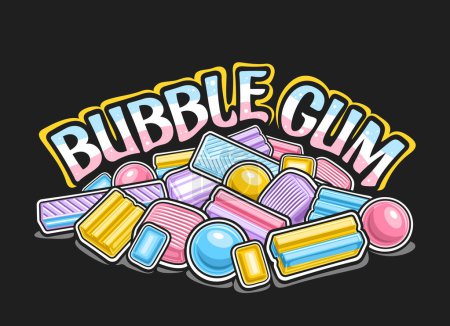 Illustration for Vector logo for Bubble Gum, decorative horizontal poster with cartoon design vibrant bubblegums, bright heap of group many different bubblegums and menthol candies, text bubble gum on dark background - Royalty Free Image