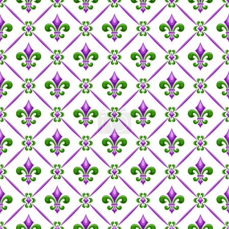 Ilustración de Vector Fleur de Lis Seamless Pattern, repitiendo fondo con ilustraciones de patrón de celosía y flor de lis verde en celdas de rombo, póster cuadrado con ornamento púrpura francés sobre fondo blanco - Imagen libre de derechos