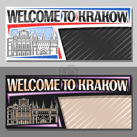 Ilustración de Banner vectorial para Cracovia con espacio para copias, diseño decorativo con ilustración de contorno de paisaje europeo de la ciudad de Krakow en el día y fondo del cielo al atardecer, tarjeta turística de diseño de arte con palabras bienvenidas a Krakow - Imagen libre de derechos