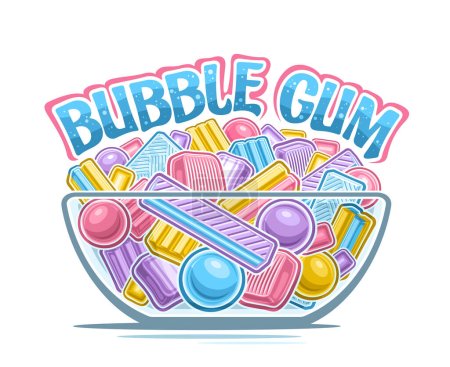 Illustration for Vector Bubble Gum Bowl, horizontal poster with isolated cartoon design various bubblegum still life, group many vibrant minty bubblegums, yummy soft candies in transparent bowl and fun text bubble gum - Royalty Free Image