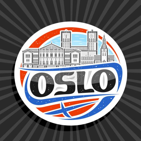 Téléchargez les illustrations : Logo vectoriel pour Oslo, étiquette décorative blanche avec illustration en ligne du célèbre paysage européen oslo ville sur fond de ciel de jour, aimant de réfrigérateur design d'art avec police de pinceau unique pour texte noir oslo - en licence libre de droit